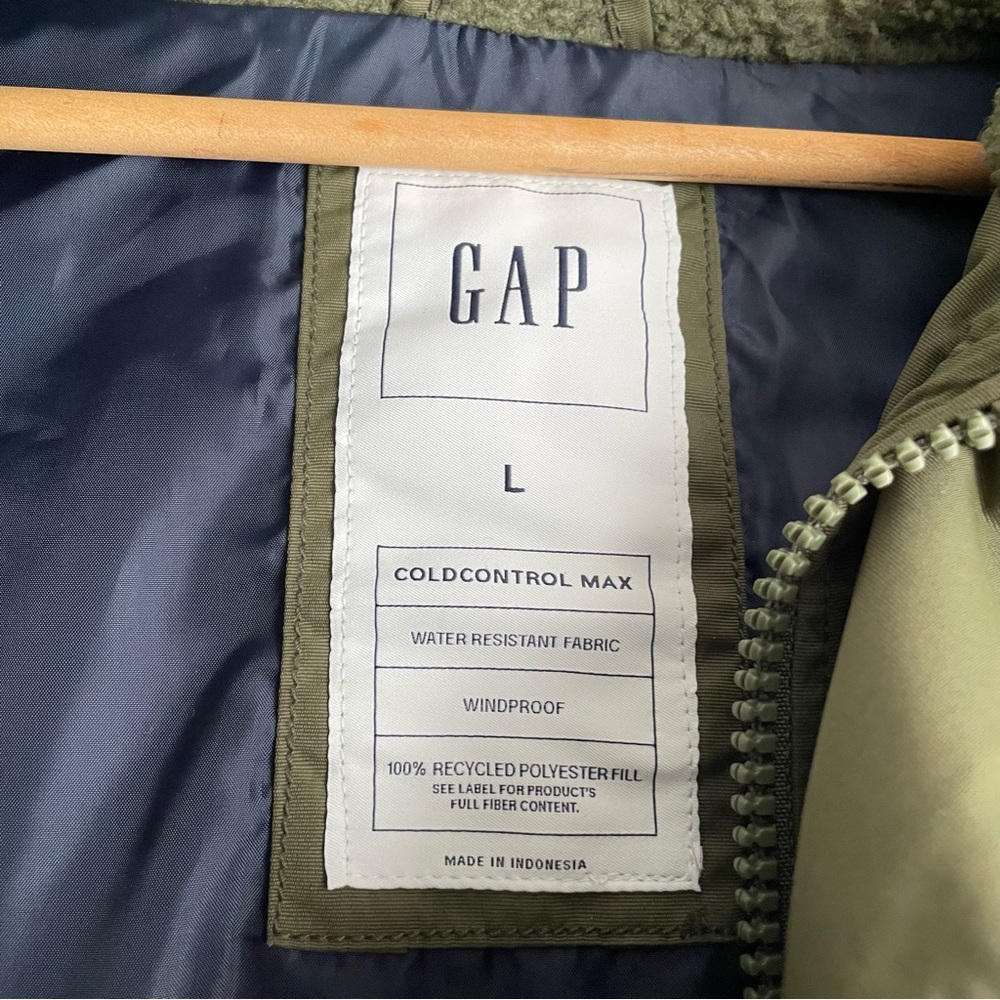 Gap Men’s Olive Green Winter Parka Cold Control Max Snorkel Coat Size Large - Picture 11 of 16
